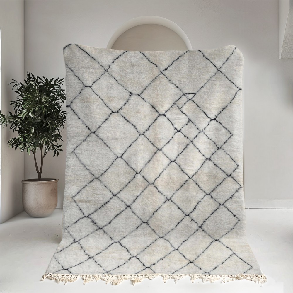 Tapis Berbère Beni Ourain Marocain Fait Main - Laine - 6.5x10 Ft - Blanc Cassé